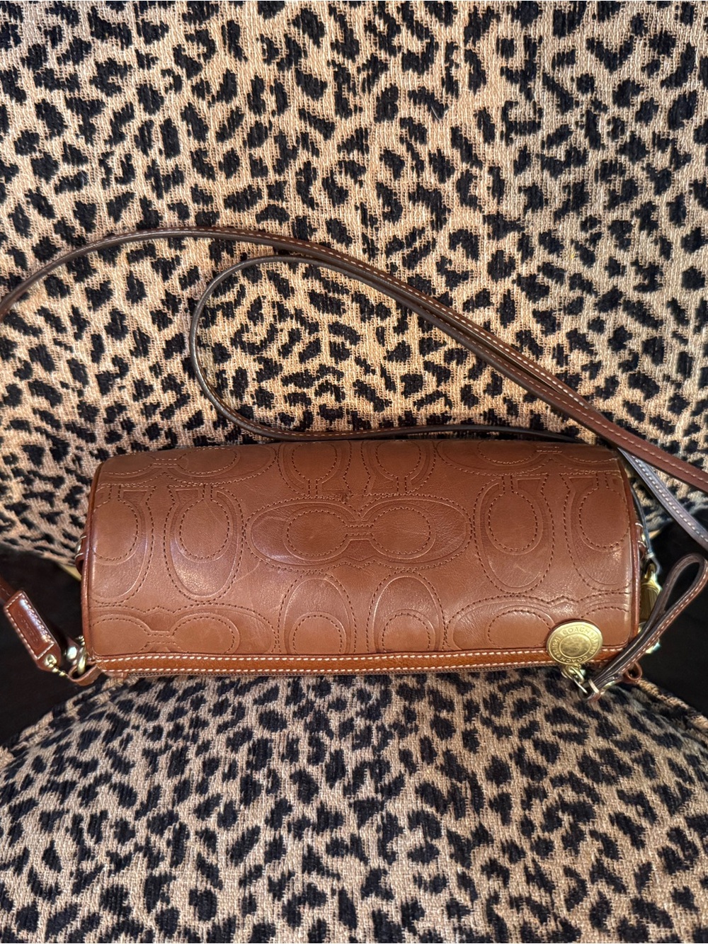 Coach Brown Leather Signature Embossed Crossbody Bag with Gold Hardware
